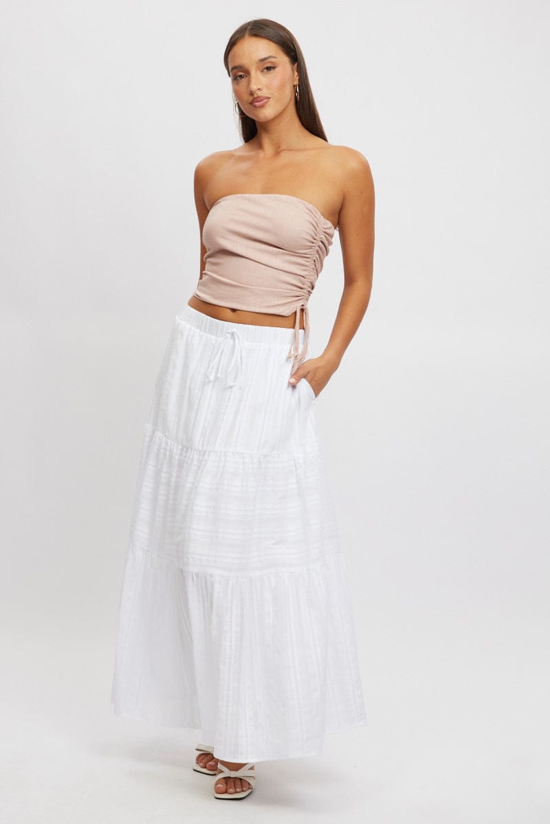 White Tiered Maxi Skirt High Rise Elastic Waist Lined