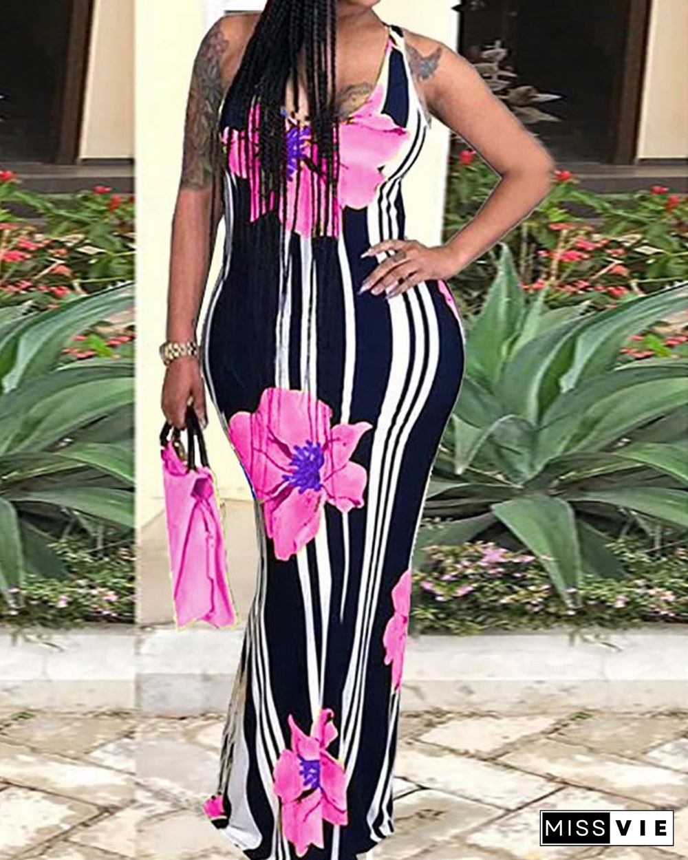 Sexy Floral Print Striped Bodycon Maxi Dress