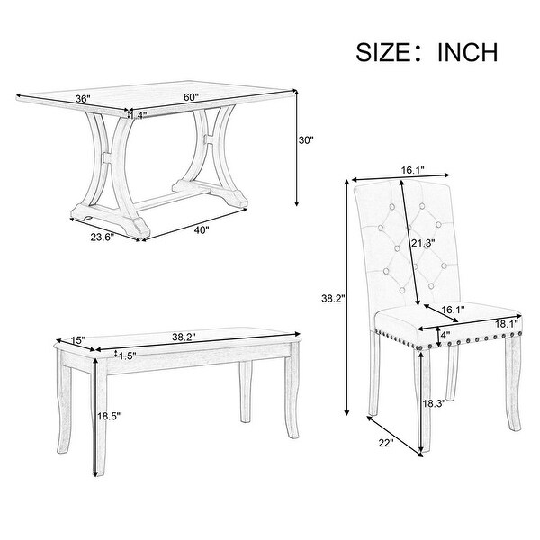 Wood Dining Table Set w/Trestle Table， 4 Upholstered Chairs and Bench， 6-Piece Set