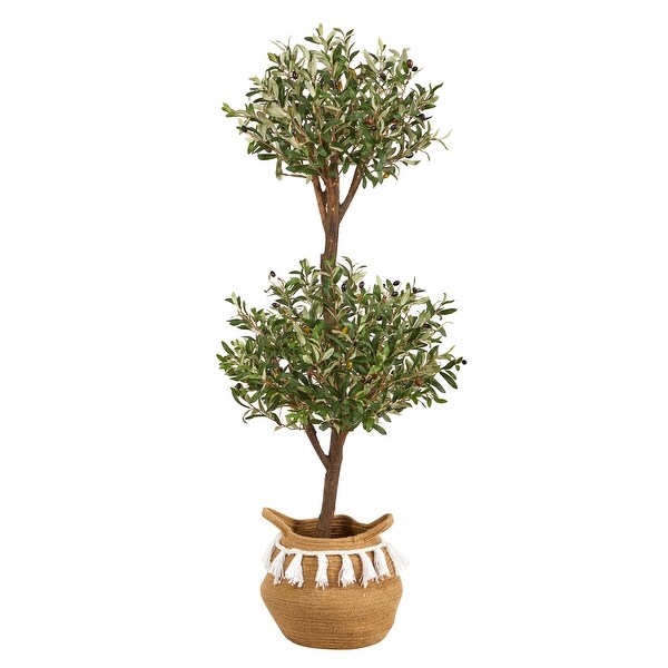 4.5' Artificial Olive Double Topiary 5' Artificial Bougainvillea Tree with Cotton Basket