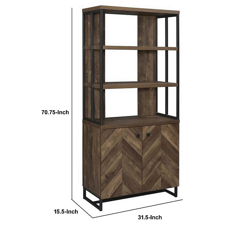 Wooden Bookcase with 3 Tier Shelves and 2 Doors， Brown