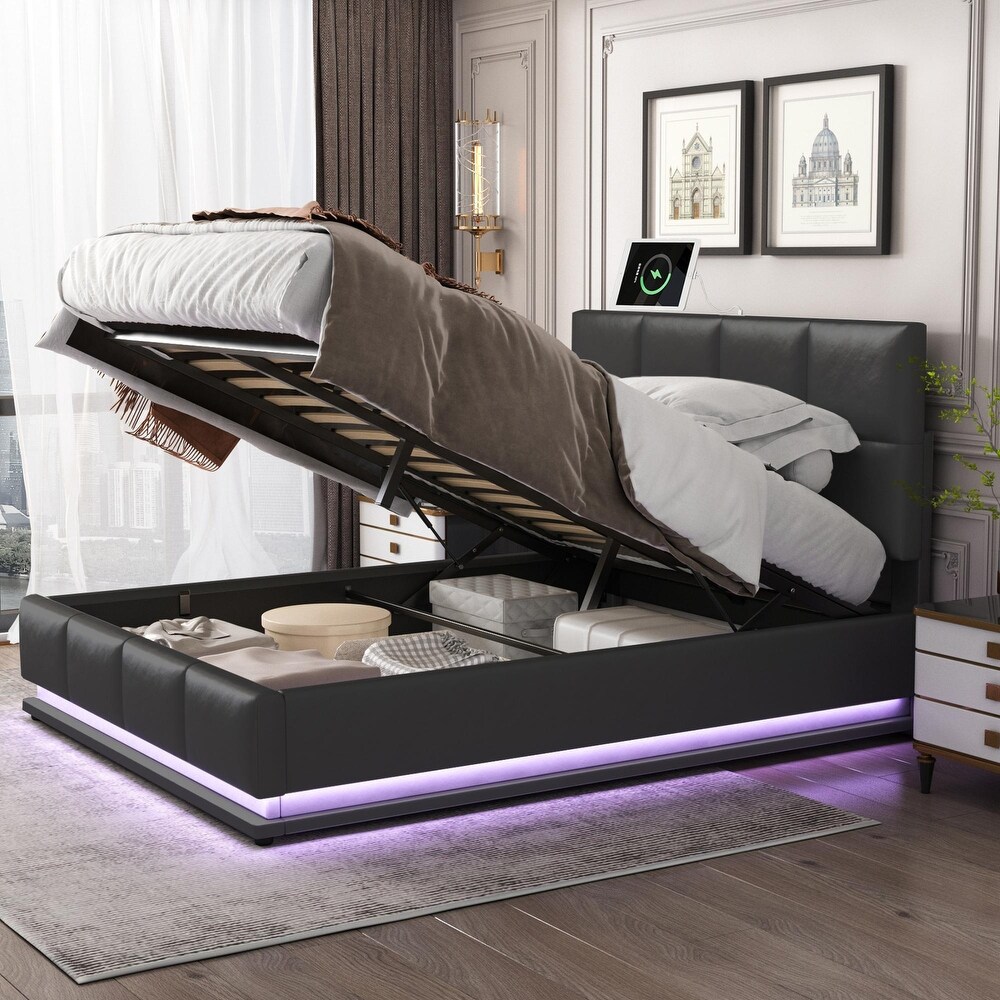 Hydraulic Storage Bed Tufted Upholstered Platform Bed with USB Charger