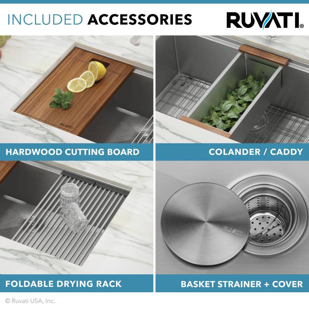 Ruvati 32 in. Single Bowl Undermount 16-Gauge Stainless Steel Ledge Kitchen Sink with Sliding Accessories RVH8300