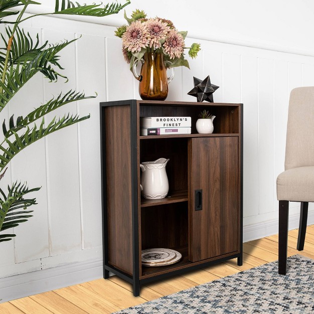 Wooden Metal Floor Cabinet With Double Sliding Doors Natural Glitzhome