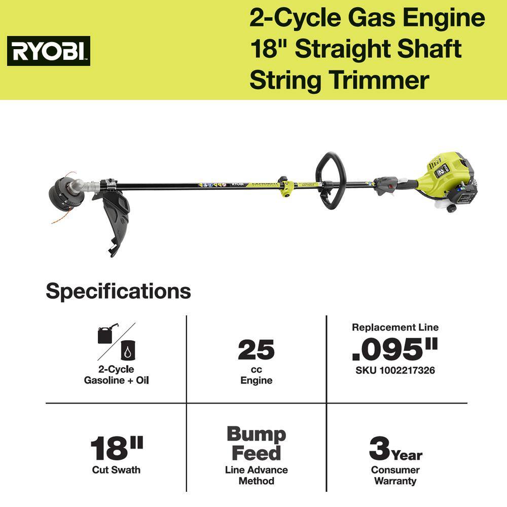 RYOBI 25 cc 2-Stroke Attachment Capable Full Crank Straight Gas Shaft String Trimmer RY253SS