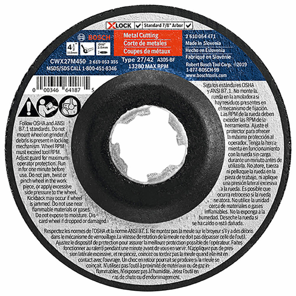 Bosch 4-1/2 In. x .098 In. X-LOCK Arbor Type 27A (ISO 42) 30 Grit Metal Cutting and Grinding Abrasive Wheel CWX27M450 from Bosch