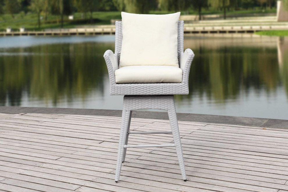 Raleigh Outdoor Wicker Swivel Armed Counter Stool Grey / Beige Set of 2   Tropical   Outdoor Bar Stools And Counter Stools   by AED Luxury Home Decor  Houzz