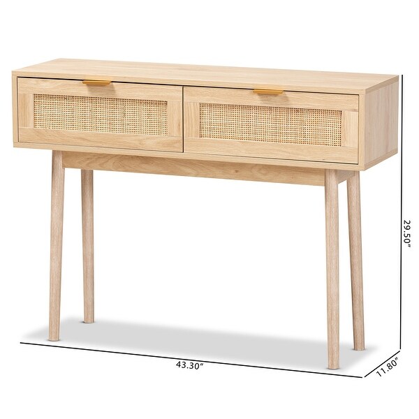 Baird Light Oak Brown Finished Wood and Rattan 2-Drawer Console Table