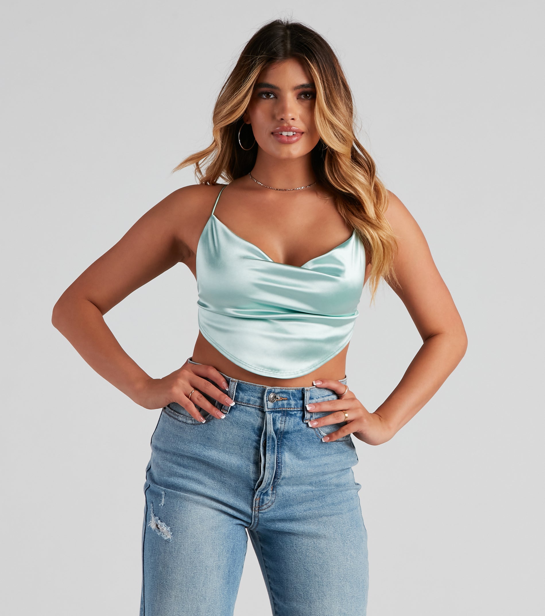 Satin Cowl Neck Strappy Crop Top