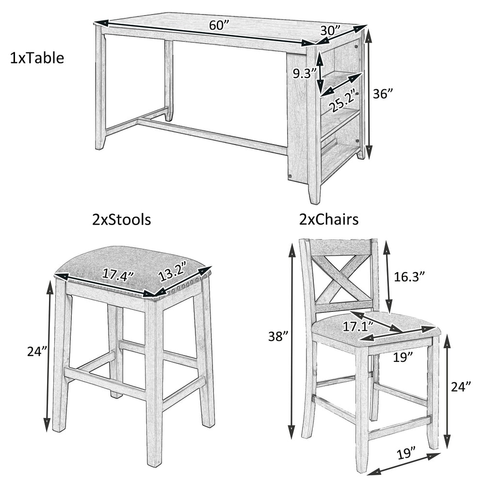 Rustic 5 Pieces Counter Height Dining Table Set Gray Wooden Bar Table Set with 3 Tier Storage Shelf  2 Stools and 2 Chairs