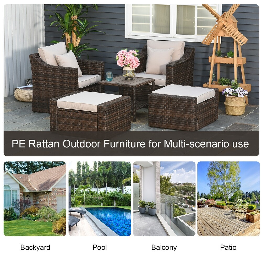 Outsunny 5 Piece PE Rattan Outdoor Patio Armchair Set with 2 Chairs  2 Ottomans  Coffee Table    Durable Build  Beige