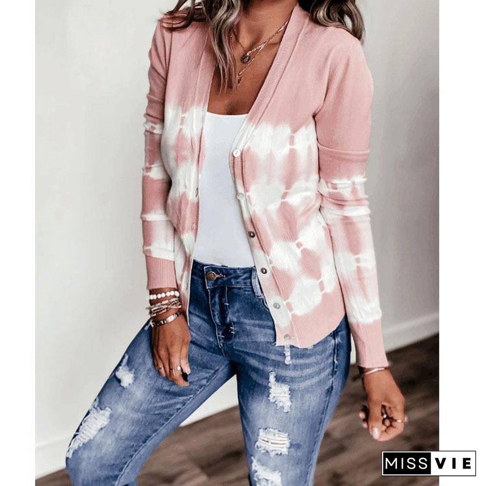 V Neck Tie-Dyed Printed Cardigan Top