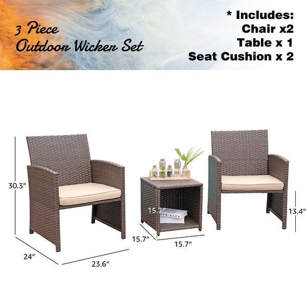 Patio 3 Pieces Wicker Bistro Set Cushioned Chair and Side Table