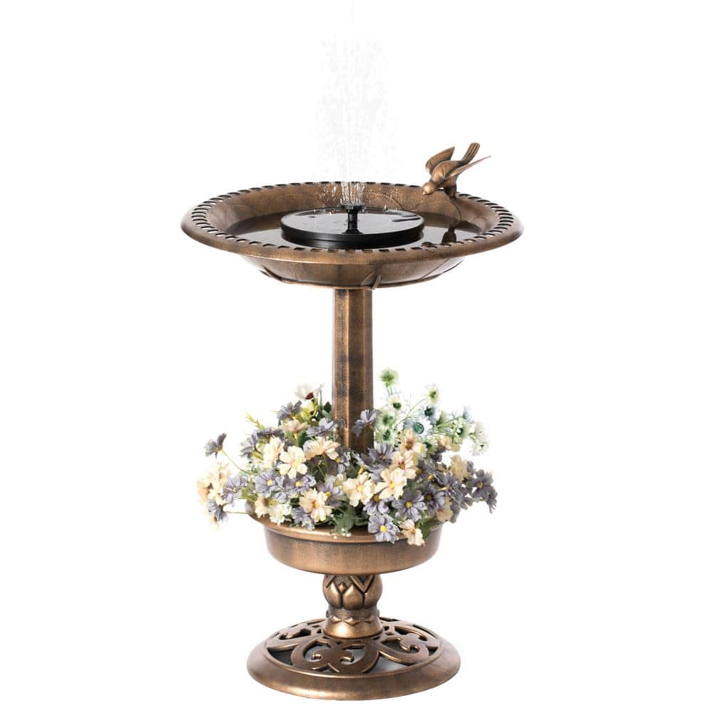 Gardenised Outdoor Garden Plastic Birdbath and Solar Powered Round Pond Fountain with Planter Bowl， Copper QI004101