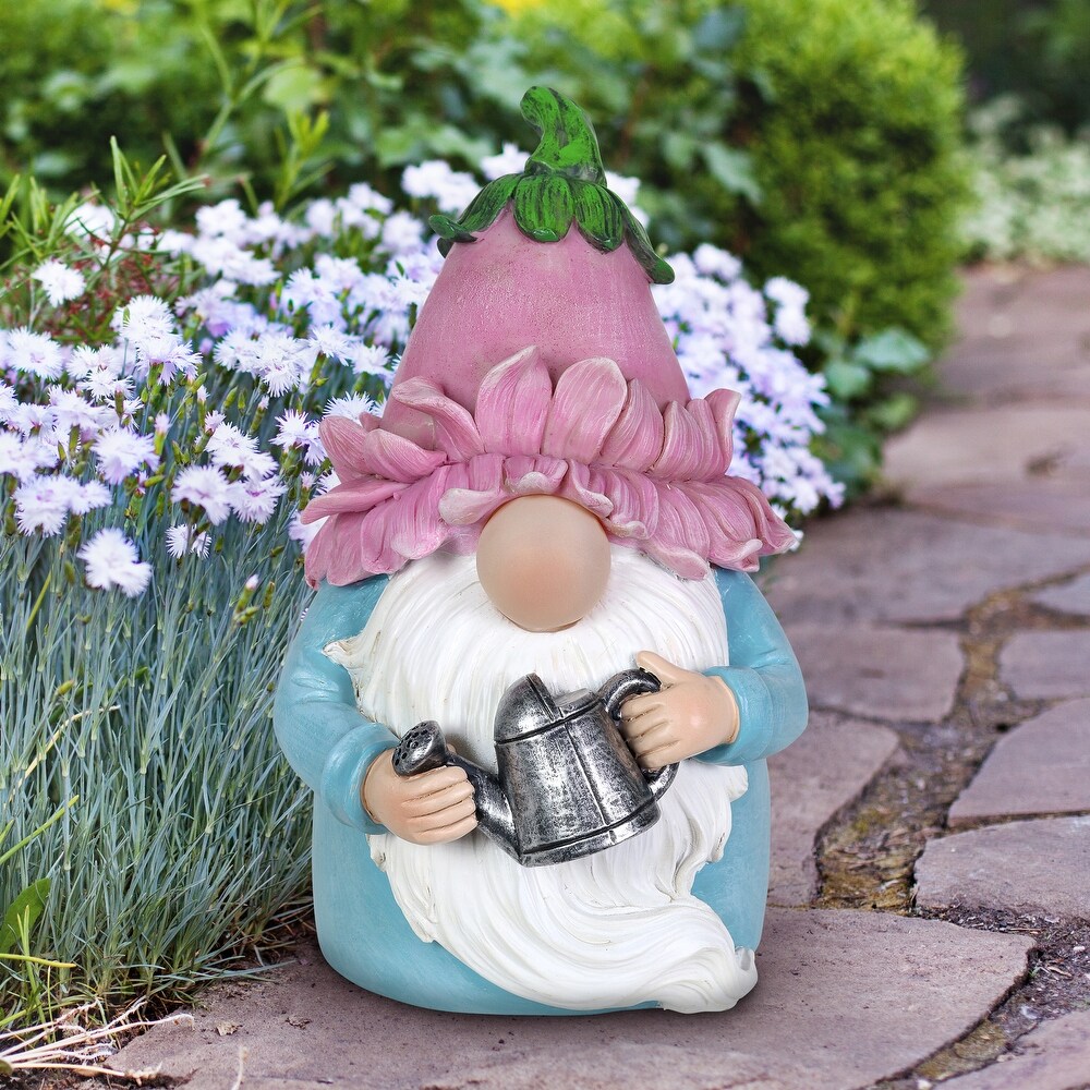 Exhart Solar Color Changing Glow Nose Gnome Garden Statue with a Pink Flower Hat and Watering Can  5 by 7.5 Inches