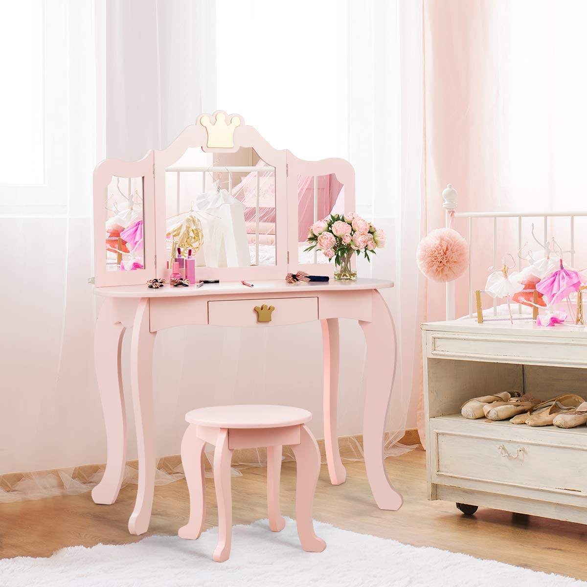 Costzon Kids Vanity Table and Chair Set,2 in 1 Vanity Set with Detachable Top, Pretend Beauty Play Vanity Set for Girls