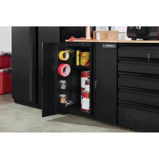 Husky Pro Duty Welded 20-Gauge Steel 2-Door Garage Base Cabinet in Black LINE-X (28 in. W x 33 in. H x 21.5 in. D) HTC1000001-LX