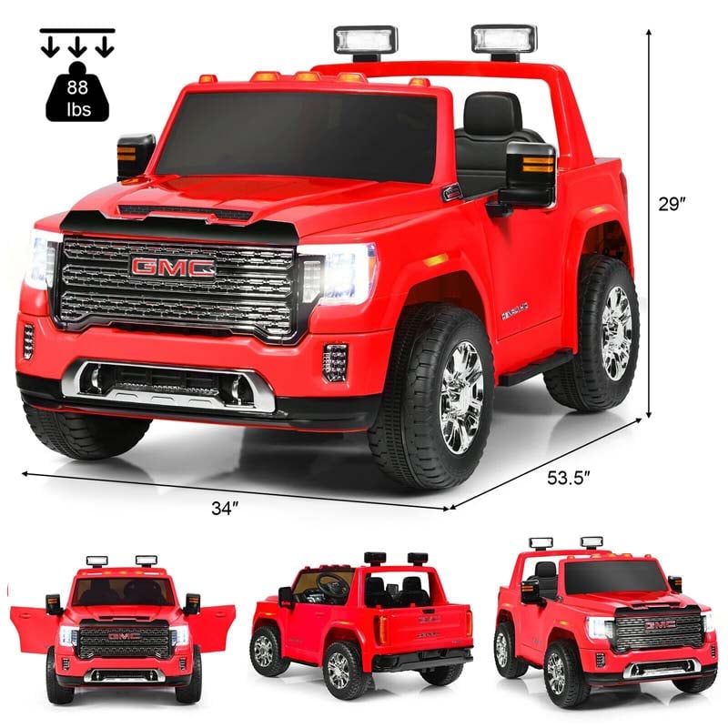 2-Seater GMC Licensed Kids Ride On Car 12V Battery Powered Electric Riding Toy Truck with Storage Box