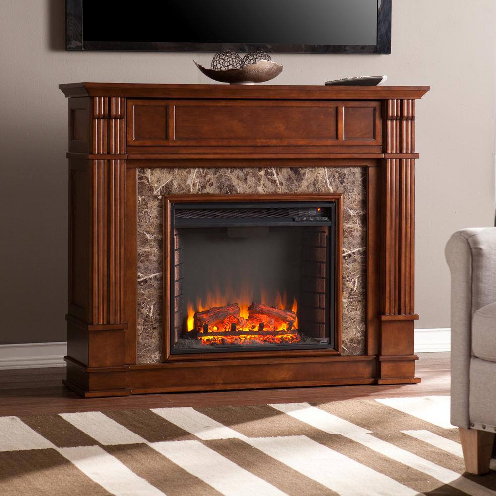 Southern Enterprises Rochester 48 in. Faux Stone Electric Fireplace TV Stand in Whiskey Maple HD90152