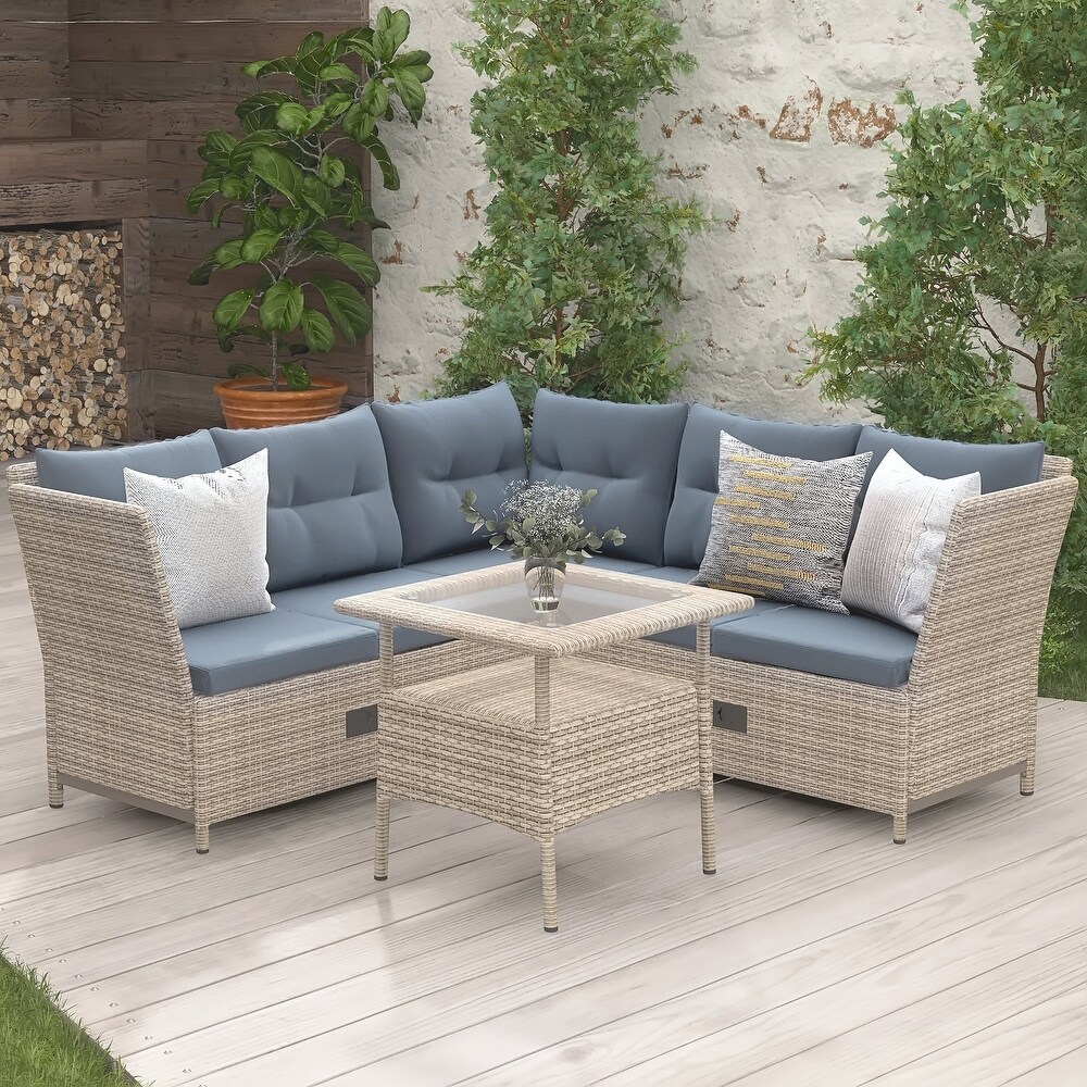 Outdoor Patio 4 Piece  Weather PE Wicker Rattan Sofa Set with Adjustable Backs Reclinable Chaise Lounge for Backyard Poolside