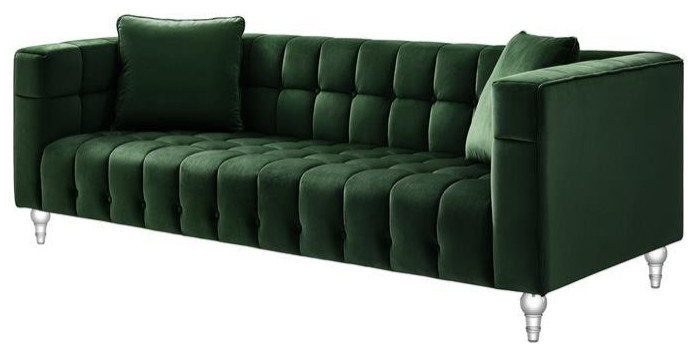 Adalyn Sofa Hunter Green Velvet  Biscuit Tufted Lucite Leg   Traditional   Sofas   by Homesquare  Houzz