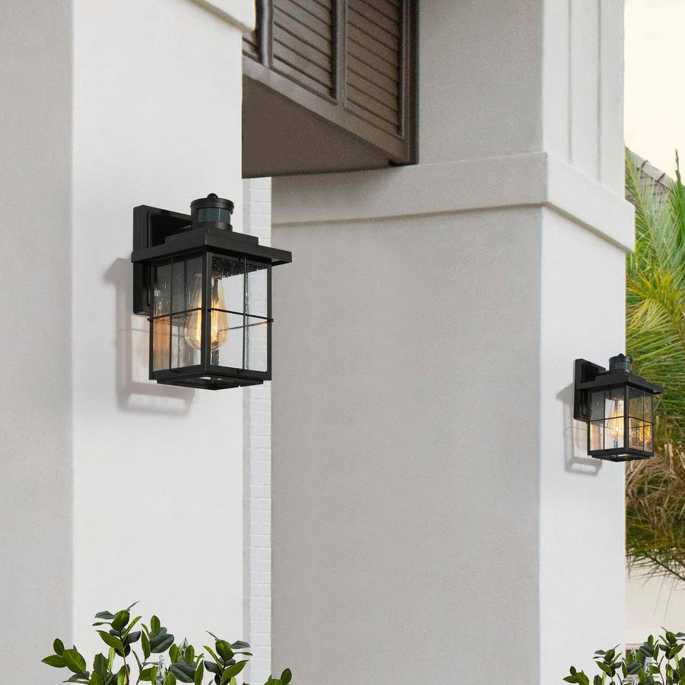 LNC Modern Black Motion Sensing Outdoor Sconce with Seeded Glass Shade Farmhouse 1-Light Front Door Wall Lantern (2-Pack) EV26JRHD1745DG8