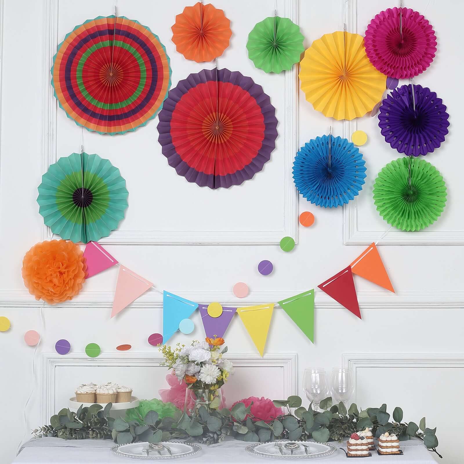 20Pcs Multicolored Hanging Fiesta Themed Party Decorations Kit, Paper Fans, Pom Pom Flowers, Polka Dot and Bunting Flag Garlands Included