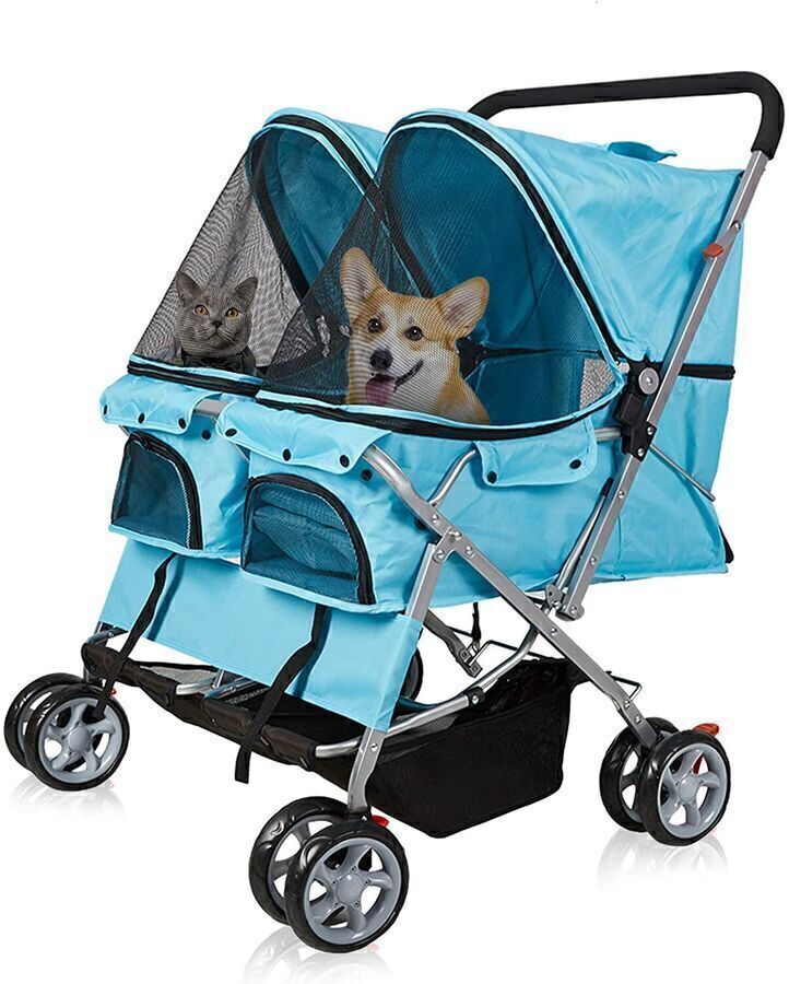 Folding 4 Wheels Double Pet Stroller Two-Seater Carrier Cart Blue