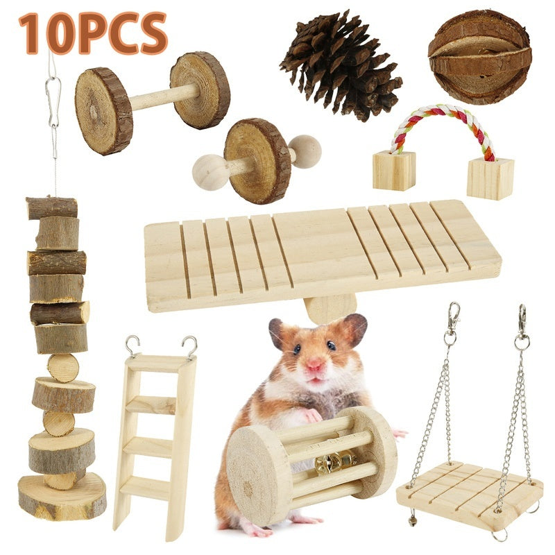 Hamster Chew Toys Natural Wooden Dumbbells Exercise Bell Roller Teeth Care Molar Toy for Rabbits Bird Bunny