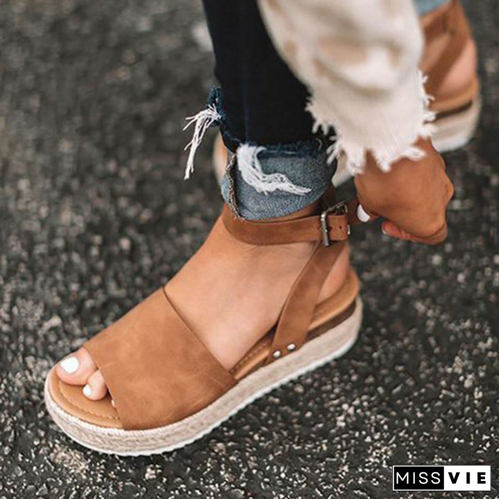 Linen Platform Buckle Ankle Strap Sandals