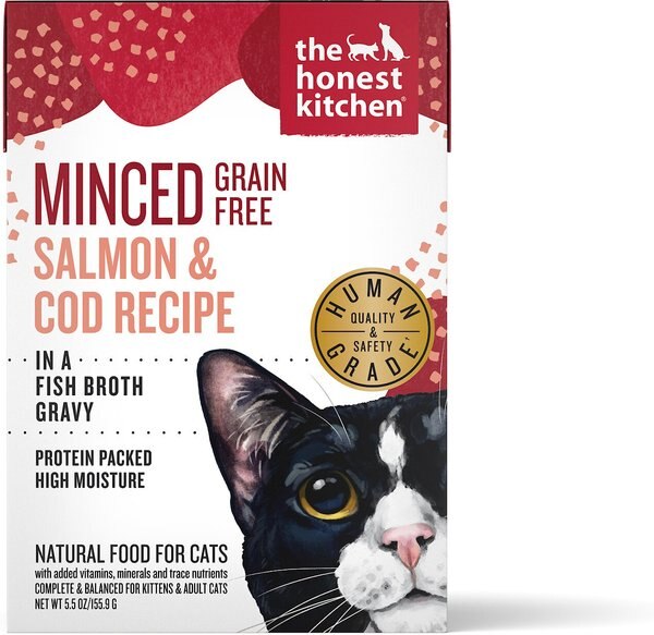 The Honest Kitchen Grain-Free Minced Salmon and Cod in Fish Broth Gravy Wet Cat Food， 5.5-oz， case of 12