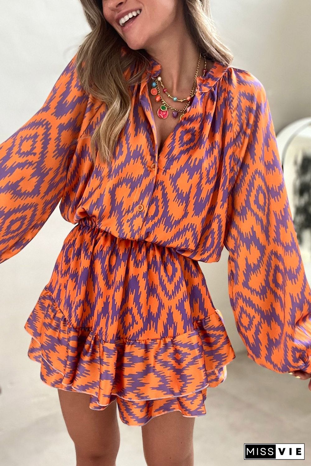 Orange Aztec Bubble Sleeve High Waist Romper