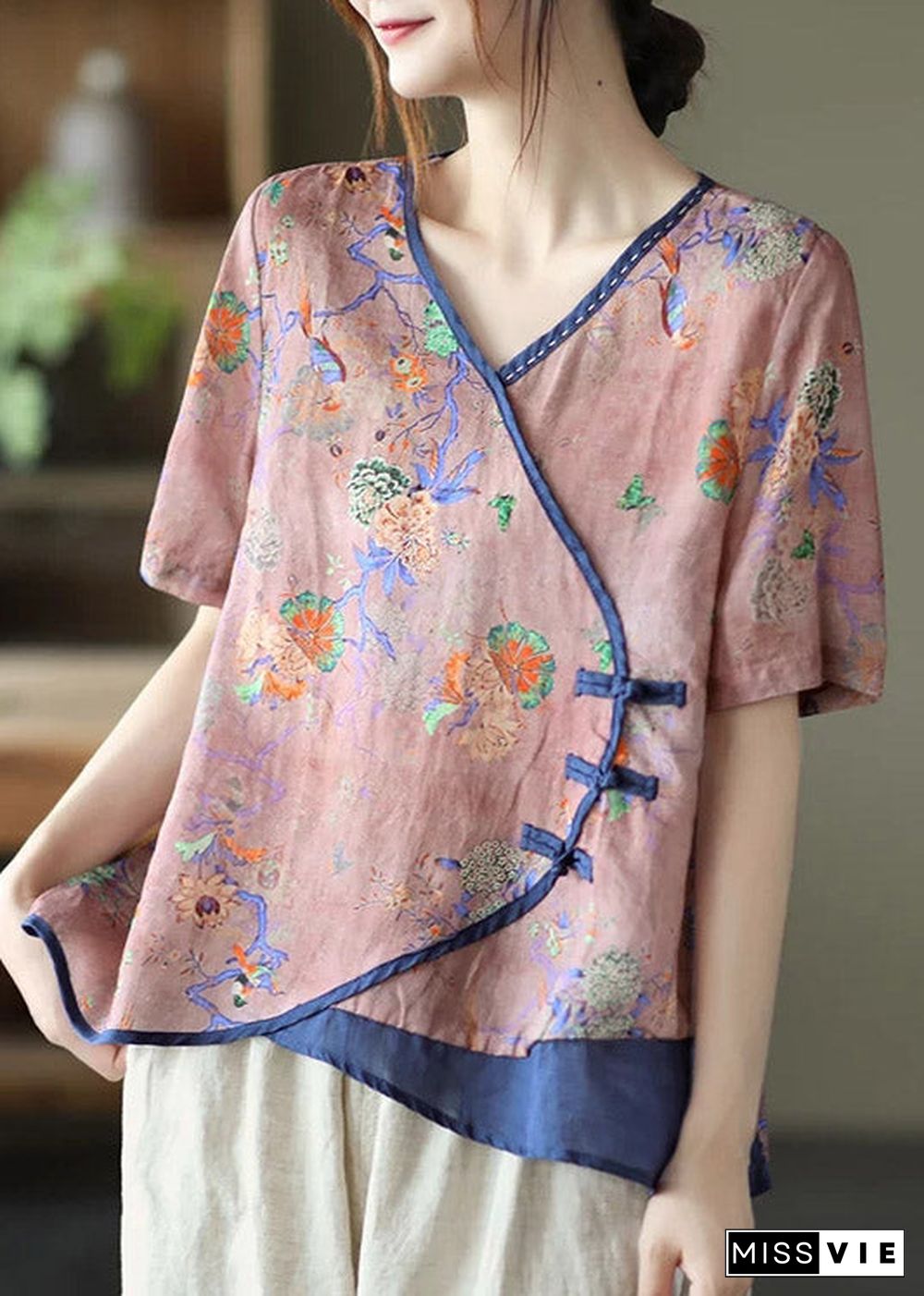 Vintage Pink V Neck Print Button Patchwork Blouse Tops Short Sleeve