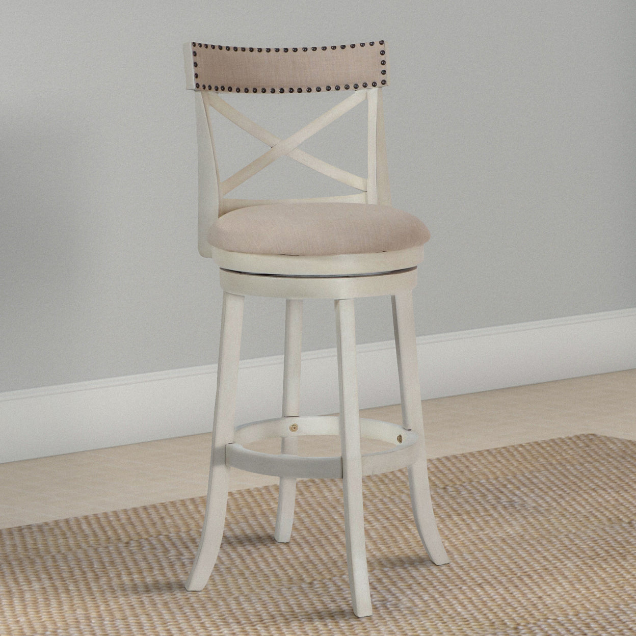 Curved X Shaped Back Swivel Barstool with Fabric Padded Seating， Antique White- Saltoro Sherpi