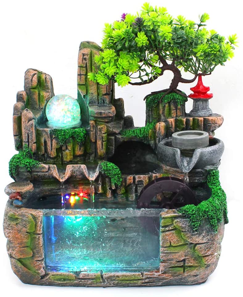 TFCFL Desktop Fountain Ornament Waterfall Rockery Humidifier W/ LED Light Office Decor