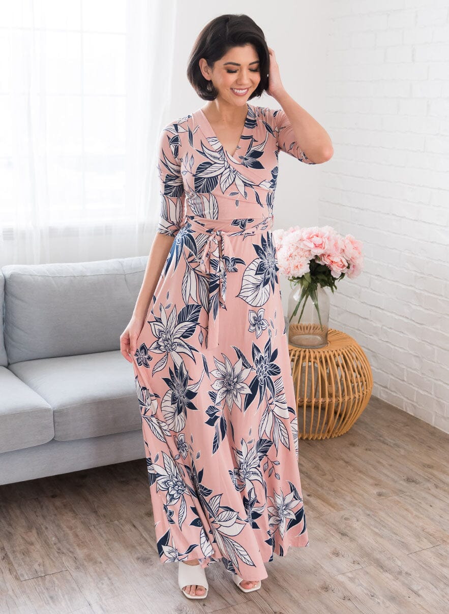 Crystal blush floral navy silhouette plain maxi dress