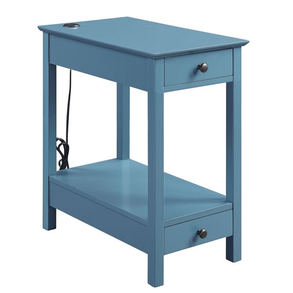 Wooden Frame Side Table with 2 Drawers and 1 Bottom Shelf， Teal Blue