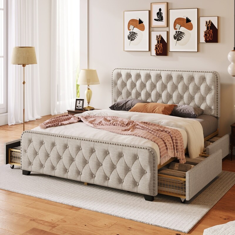 Full Size Upholstered Platform Bed Frame with Four Drawers Button Tufted Headboard and Footboard