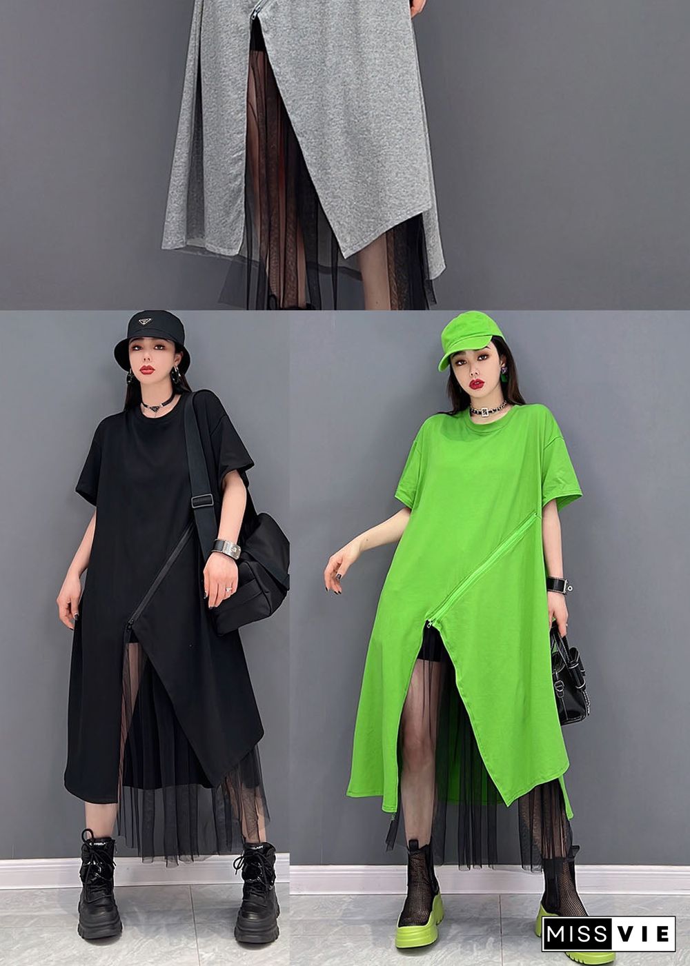 Black Tulle Patchwork Cotton Pullover Streetwear Dresses Zip Up Short Sleeve