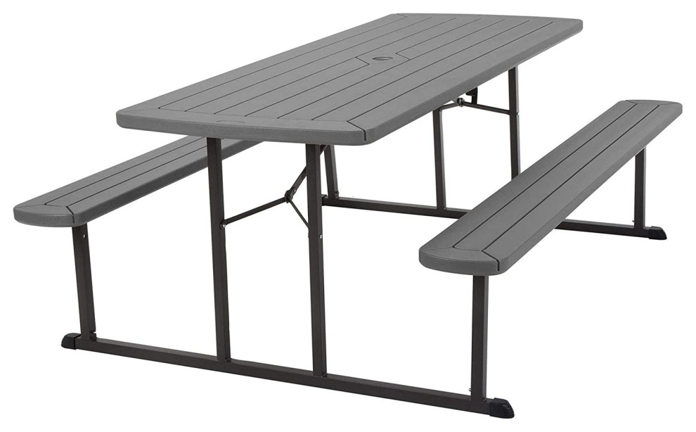 Folding Patio Picnic Dining Table  Metal Frame With Dark Wood Grain Top  ampSeats   Transitional   Outdoor Dining Sets   by Decor Love  Houzz