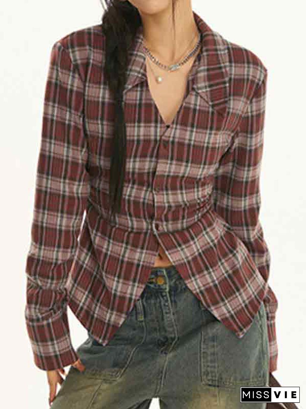 Vintage Plaid Pleated Lapel Neck Long Sleeve Shirt