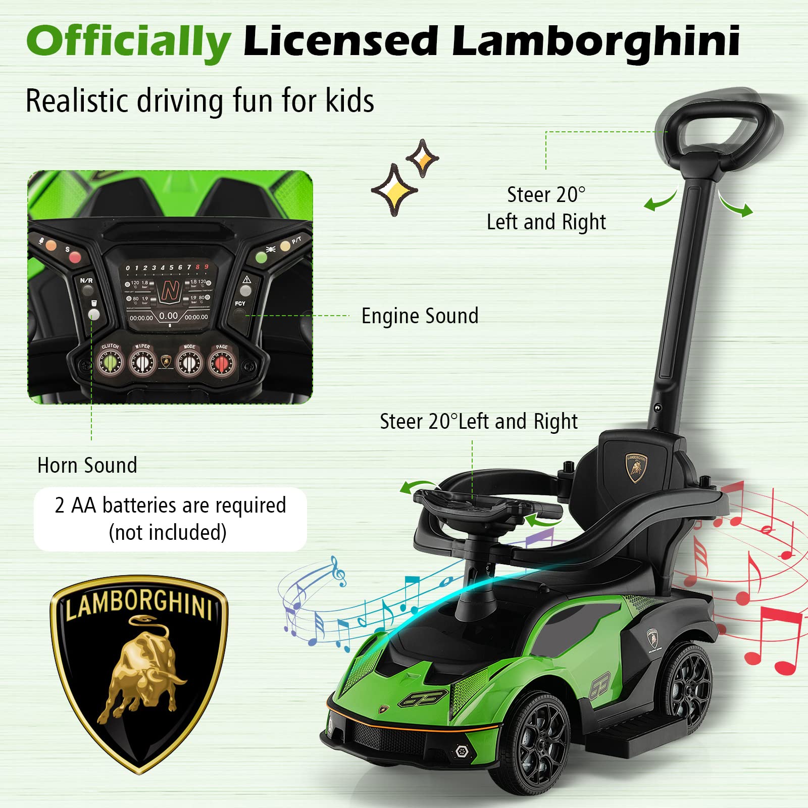 Costzon Push Cars for Toddlers 1-3, 3 in 1 Licensed Lamborghini Stroller Sliding Walking Car