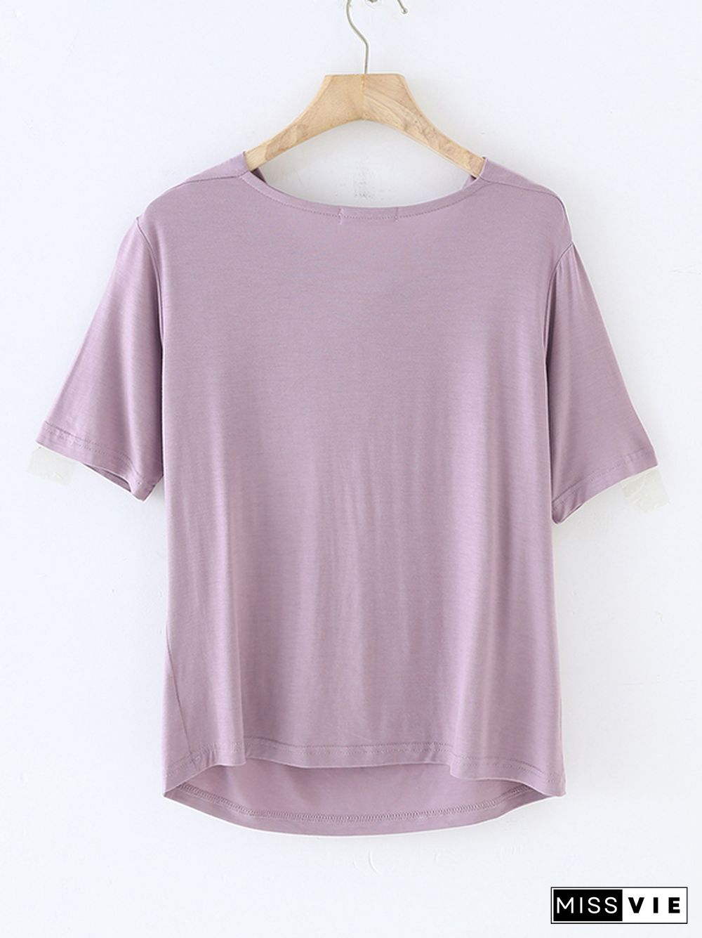 Short Sleeves Pleated Solid Color Heaps Collar T-Shirts Tops