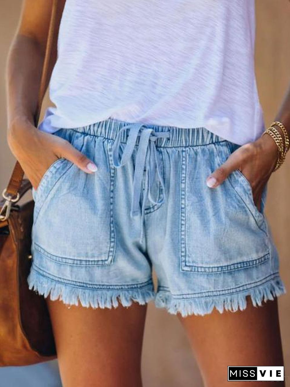 Denim Elastic Belt Slim Shorts