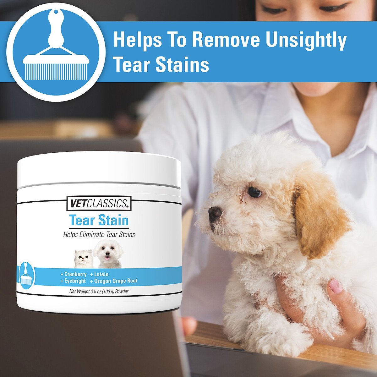 VetClassics Tear Stain Supplement Powder Dog and Cat Supplement， 3.5-oz bottle