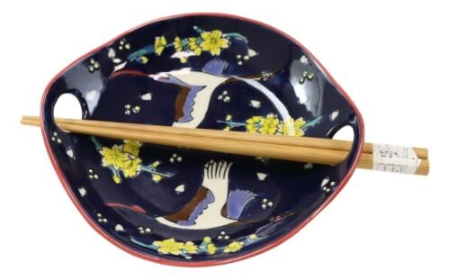 1 White Crane In Blue Sky Small Appetizer Coupe Plate Flat Bowl W/ Chopsticks Set EBR02