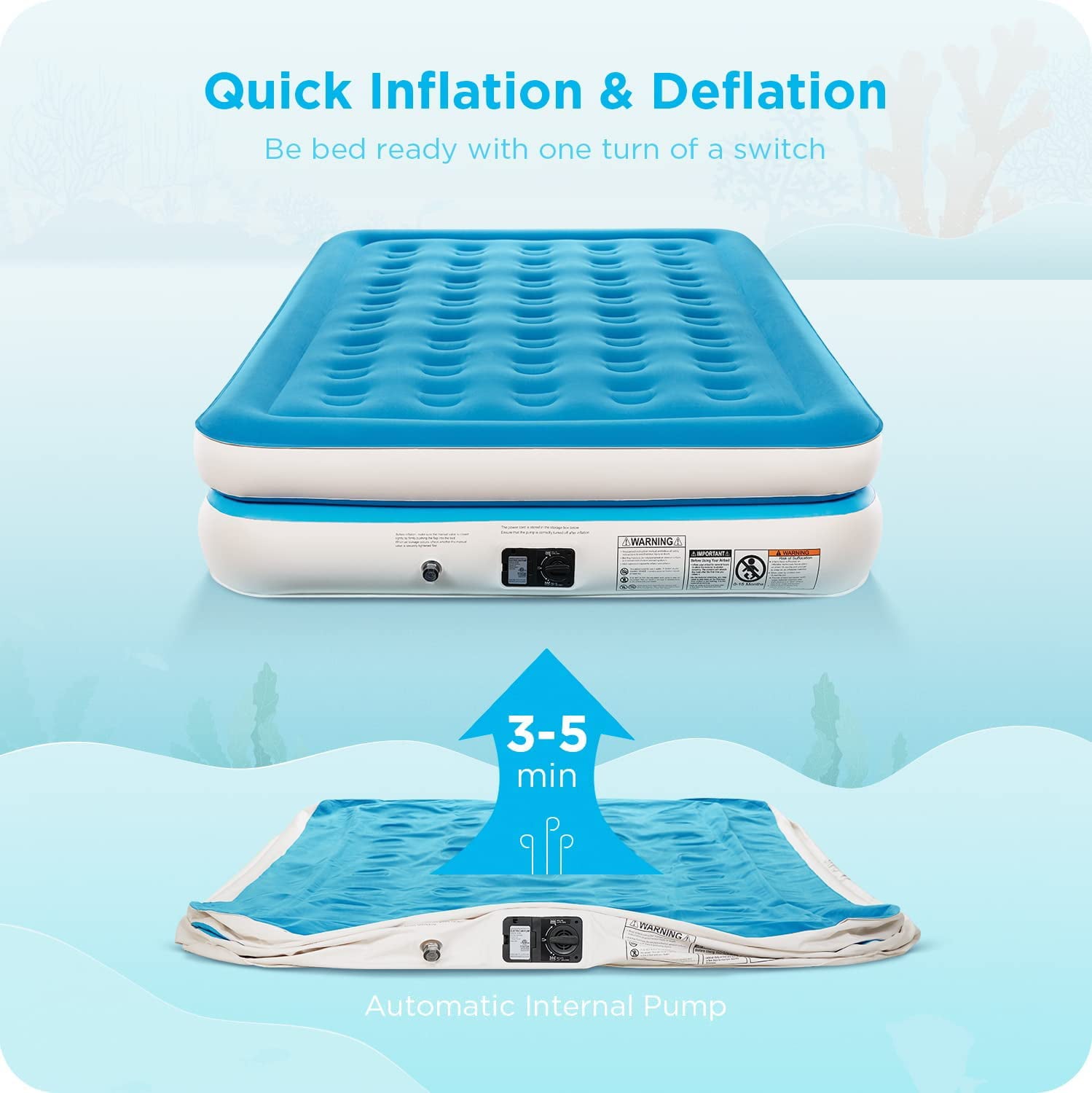 16 Inch Inflatable Air Mattress with Built in Pump for Home Camping Travel， 600lb Max，Queen