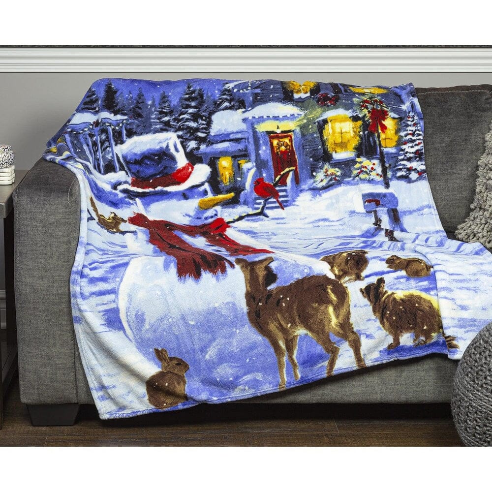 Snowman and Friends Holiday Lights Super Soft Plush Fleece Throw Blanket