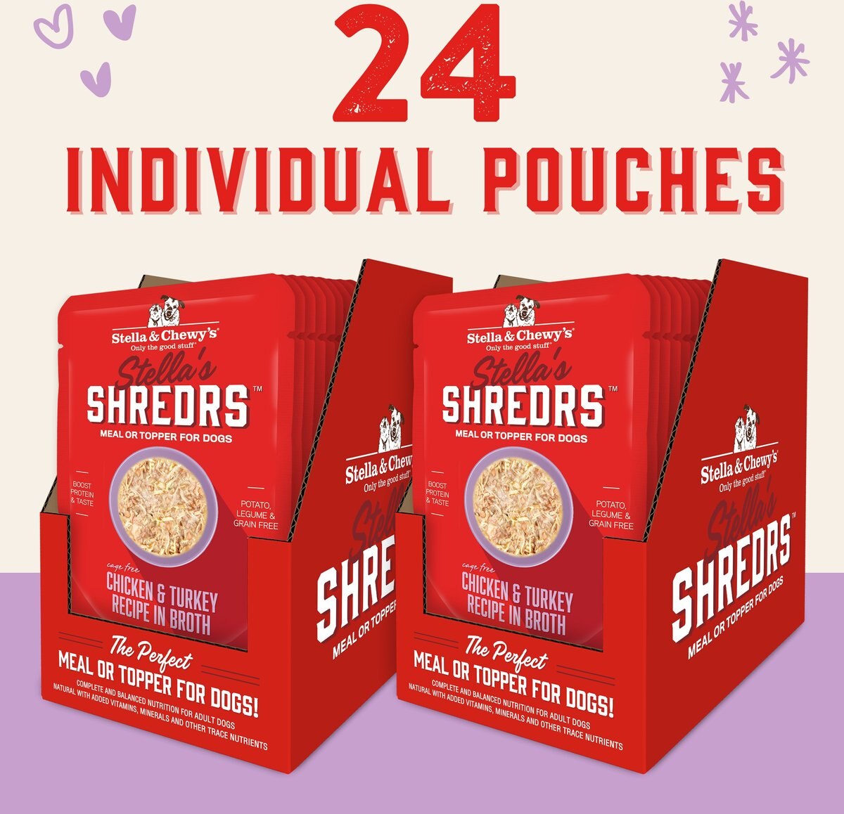 Stella and Chewy's Stella’s Shredrs Cage Free Chicken and Turkey Recipe in Broth Adult Wet Dog Food， 2.8-oz pouch， case of 24