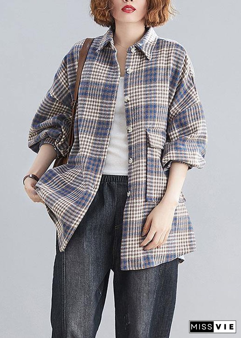 Natural blue plaid linen Blouse Fashion Ideas lapel Batwing Sleeve tops